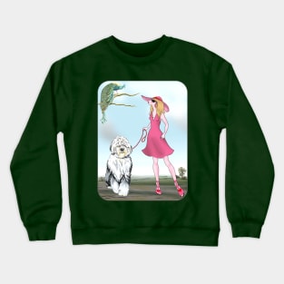 Young Lady with Peacock and Old English Sheepdog. Crewneck Sweatshirt